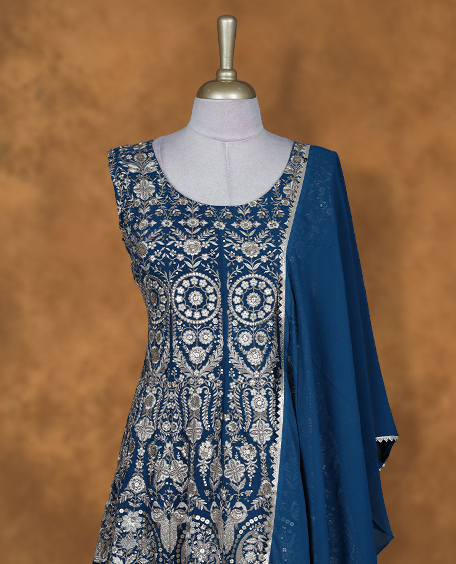 Crystal teal colour sharara set featuring gold colour thread and beats embroidered neckline, body, sleeves, , Paired with a matching dupatta