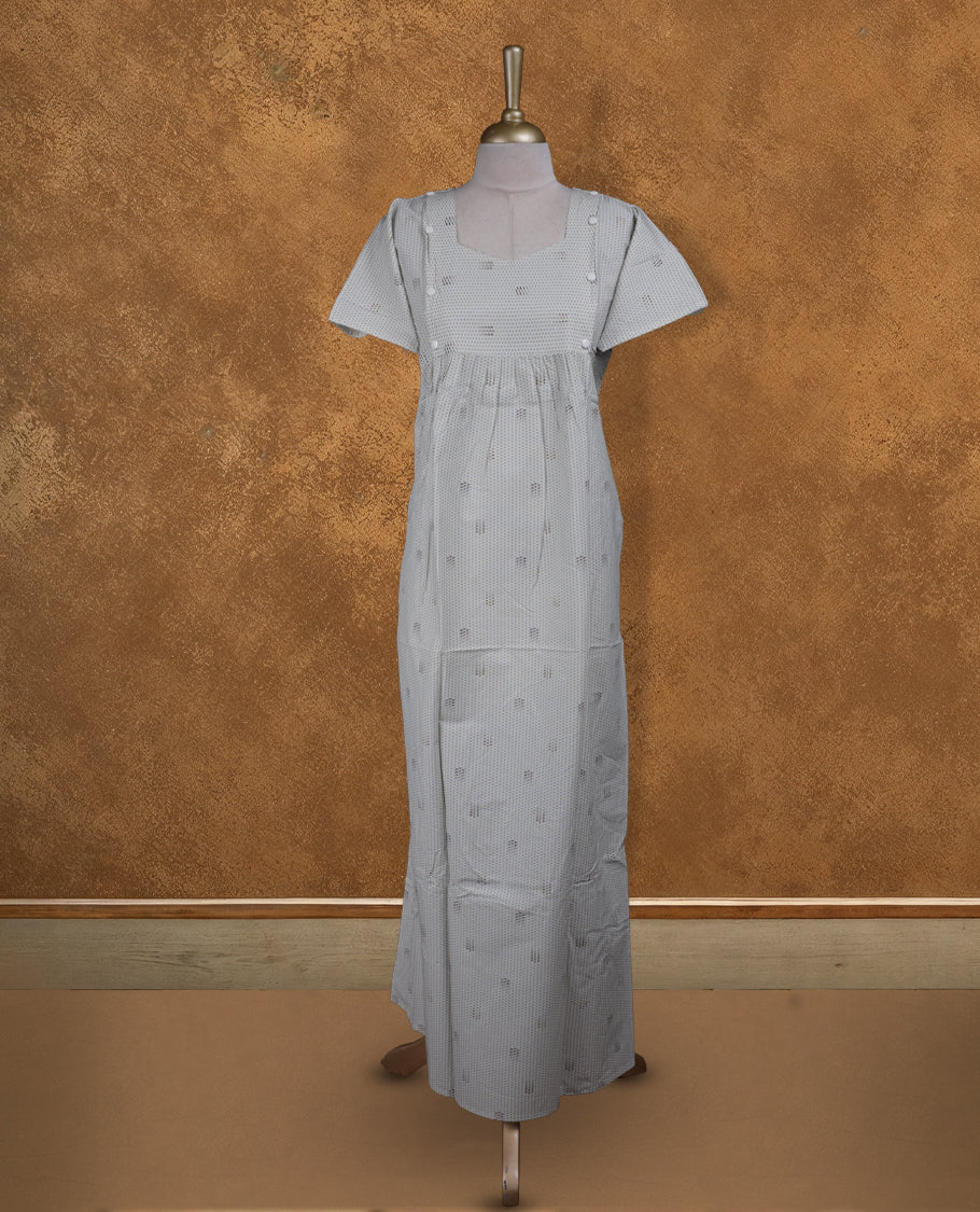 Cream colour NStyle nighty featuring diamond patterns, a diamond neckline, short sleeves, and a full ankle-length design.