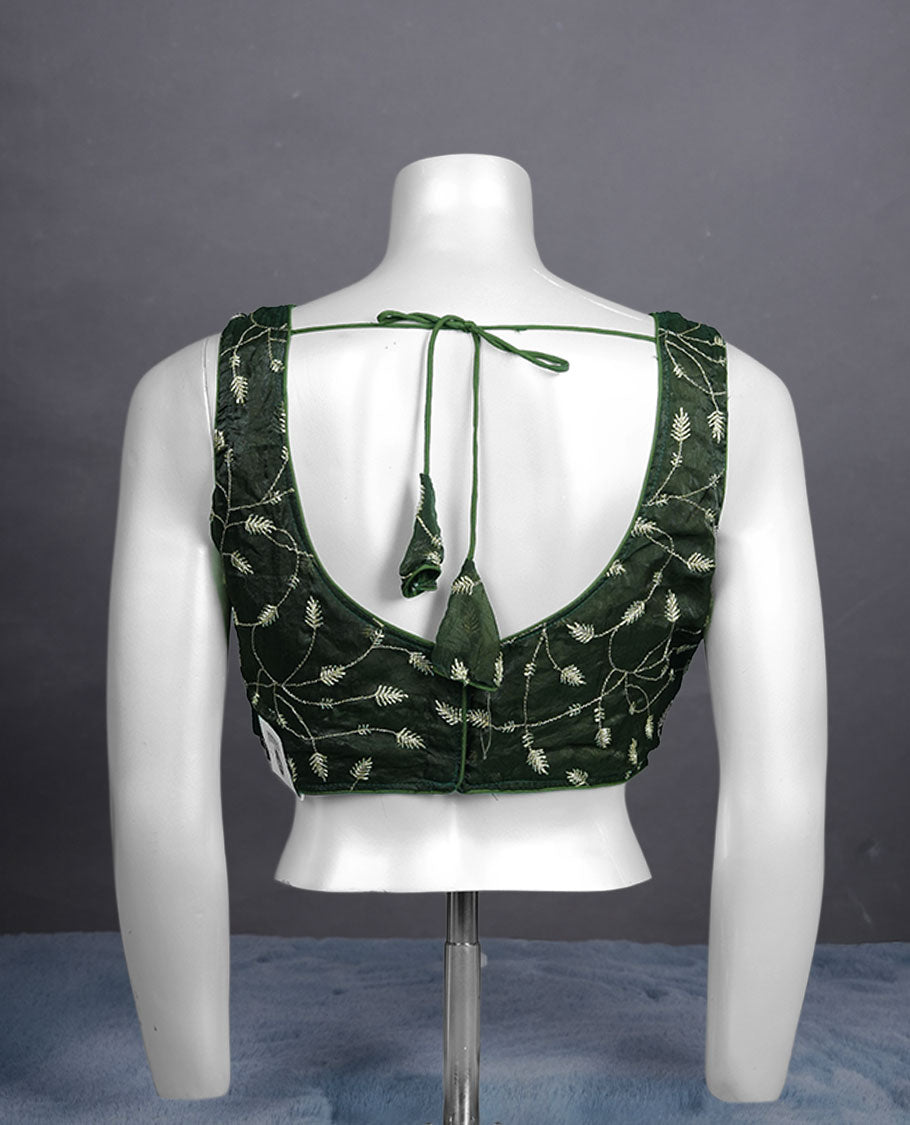 Dark olive green colour embroidered padded blouse with gold vine detailing, V neckline, and tie-back finish.