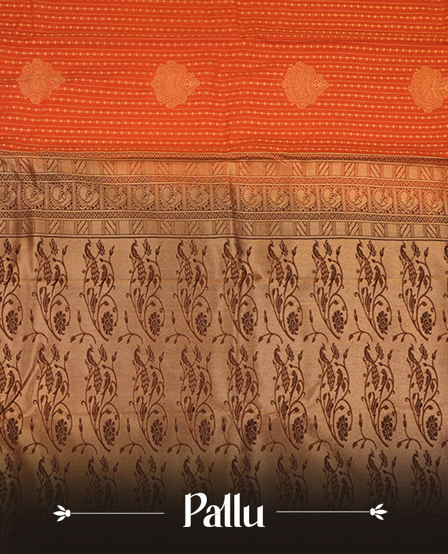 Rust orange colour semi silk saree featuring gold zari dotted stripes and stripes on body highlighting contrast dark chocolate gold zari floral kodi border , paired with matching blouse