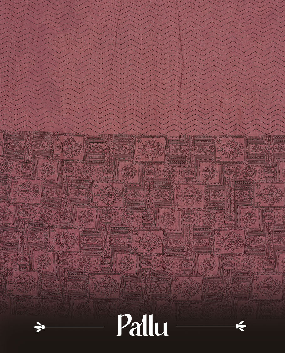 Pastel Dark Pink Poly Cotton Saree with Black Zigzag Body Pattern, Matching Pallu in Black Chevron Lines & Panelled Floral-Paisley Design, and Coordinated Floral Paisley Printed Blouse Piece.