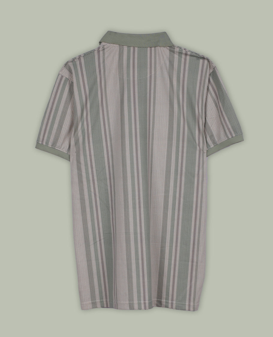 Sage green colour polo T shirt featuring a vertical striped pattern in beige, white, and grey, designed with a classic polo collar and short sleeves & made from soft breathable fabric for a relaxed and stylish everyday look.