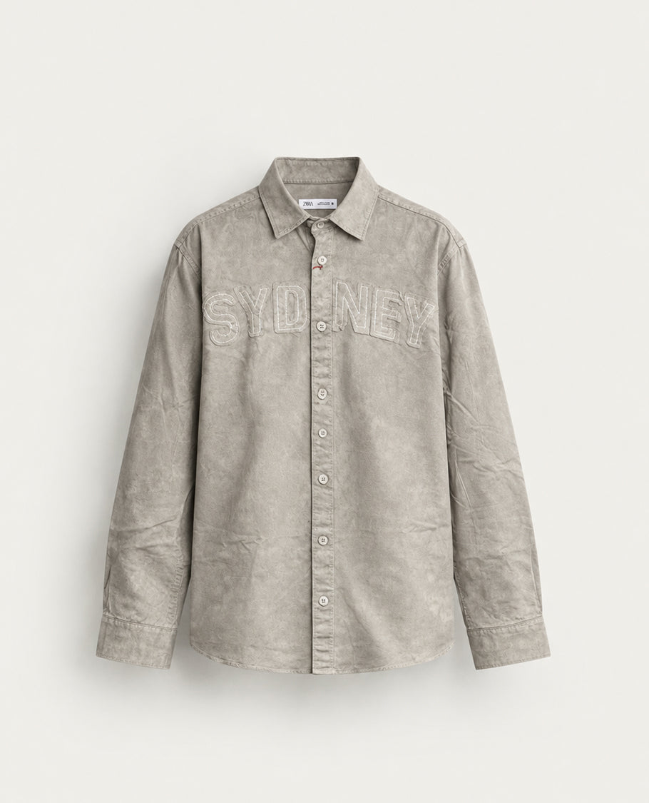Grey colour shirt denim style with patterned body, Full sleeve.