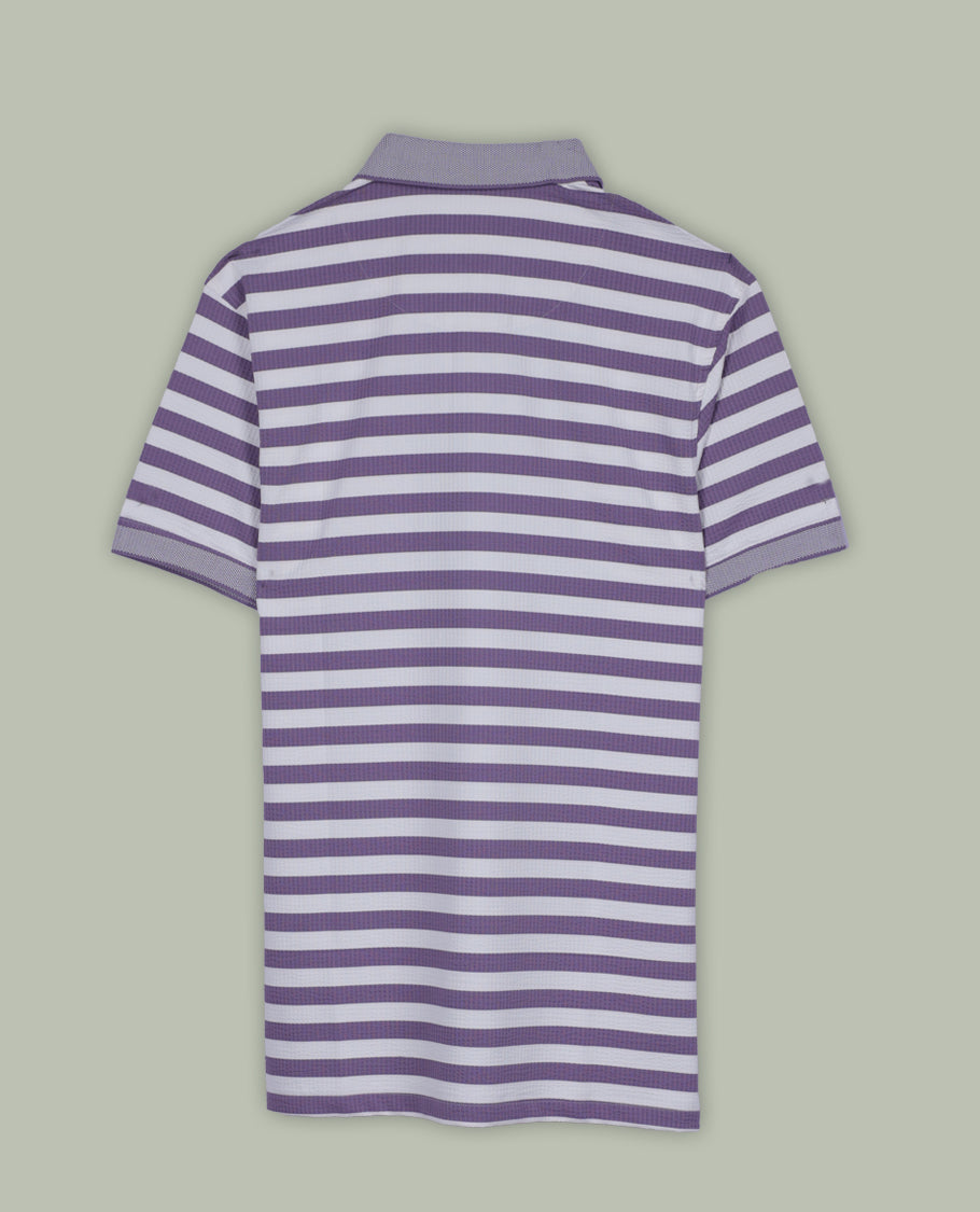 Purple and white colour striped T shirt featuring a classic shirt collar and short sleeves, offering a trendy yet casual look.
