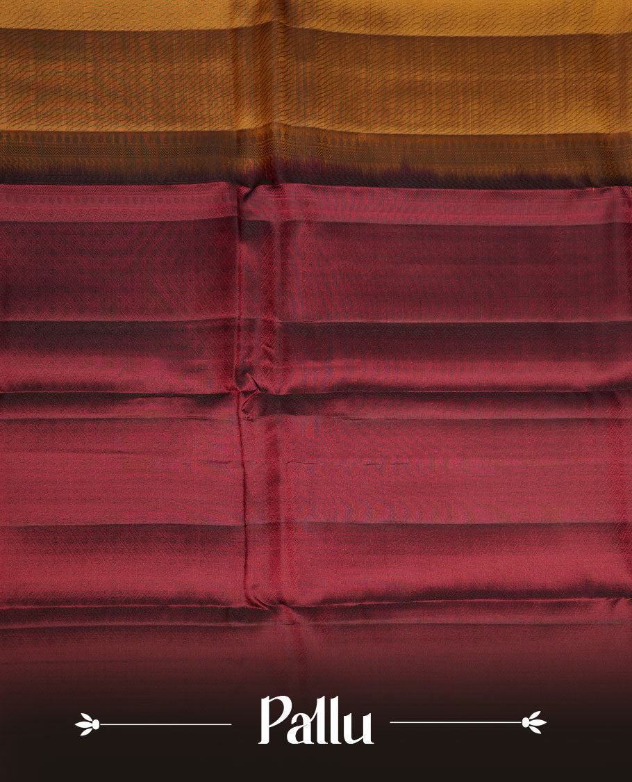 Fenugreek colour soft silk saree featuring self colour pattern on body, complemented by contrast maroon self colour pattern border, paired with matching blouse piece.