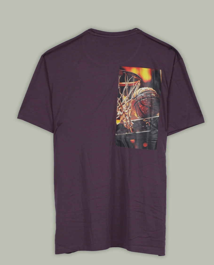 Deep purple colour T shirt featuring graphic print colour on the left & back , designed with a classic round neck and short sleeves & it offers a stylish and comfortable everyday look.