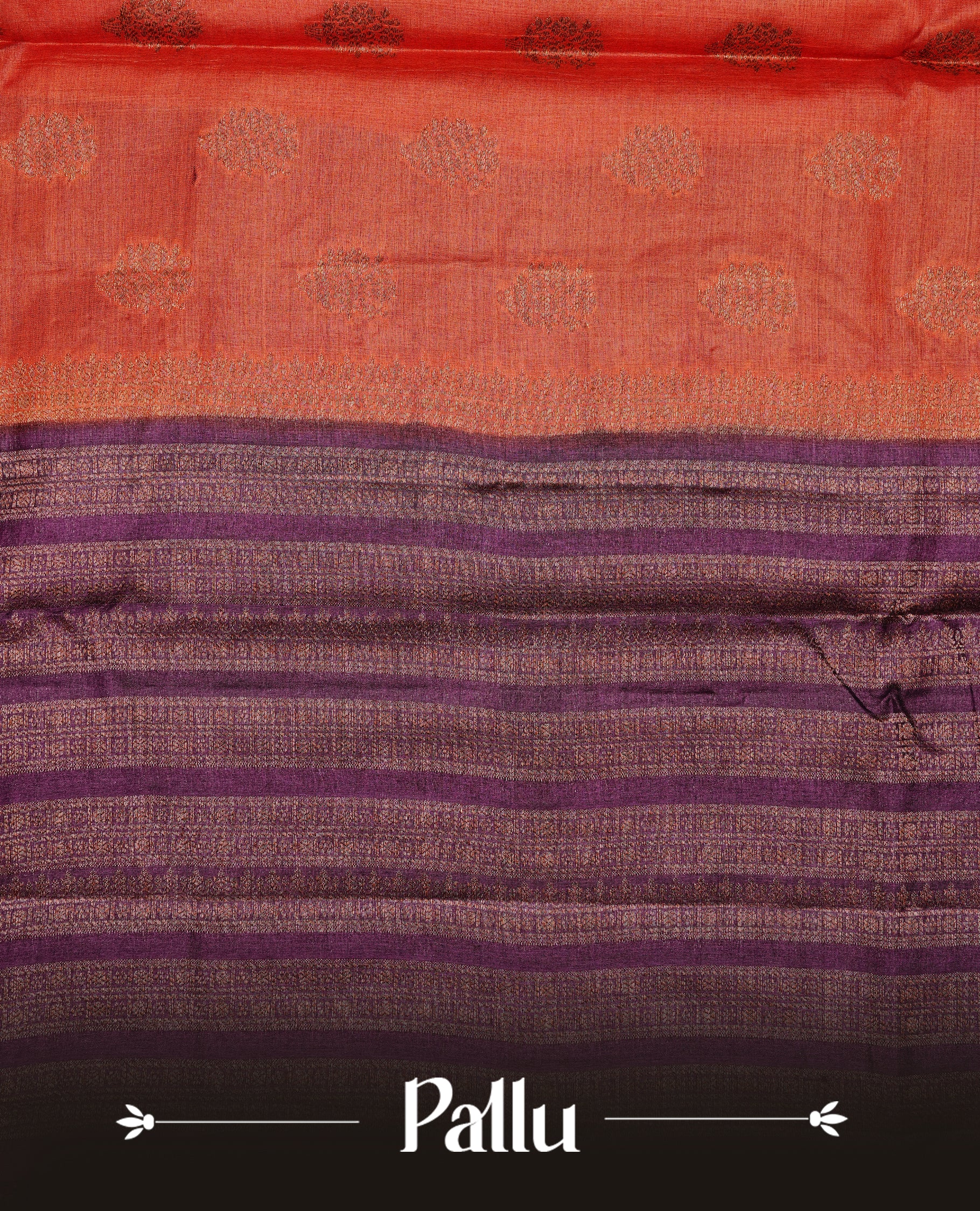 Rust orange colour pure tussar Banaras silk saree featuring elegant gold zari motifs across the body, complemented by a contrast Purple border with rich zari detailing. Comes with a matching blouse piece