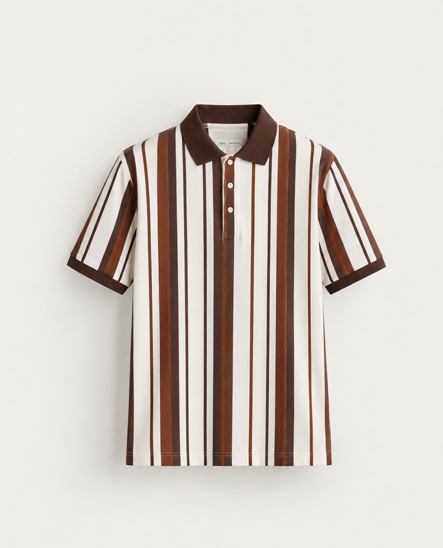 Cream colour Tshirt featuring Collar design neck, elegant Strip pattern on body and Half sleeve.
