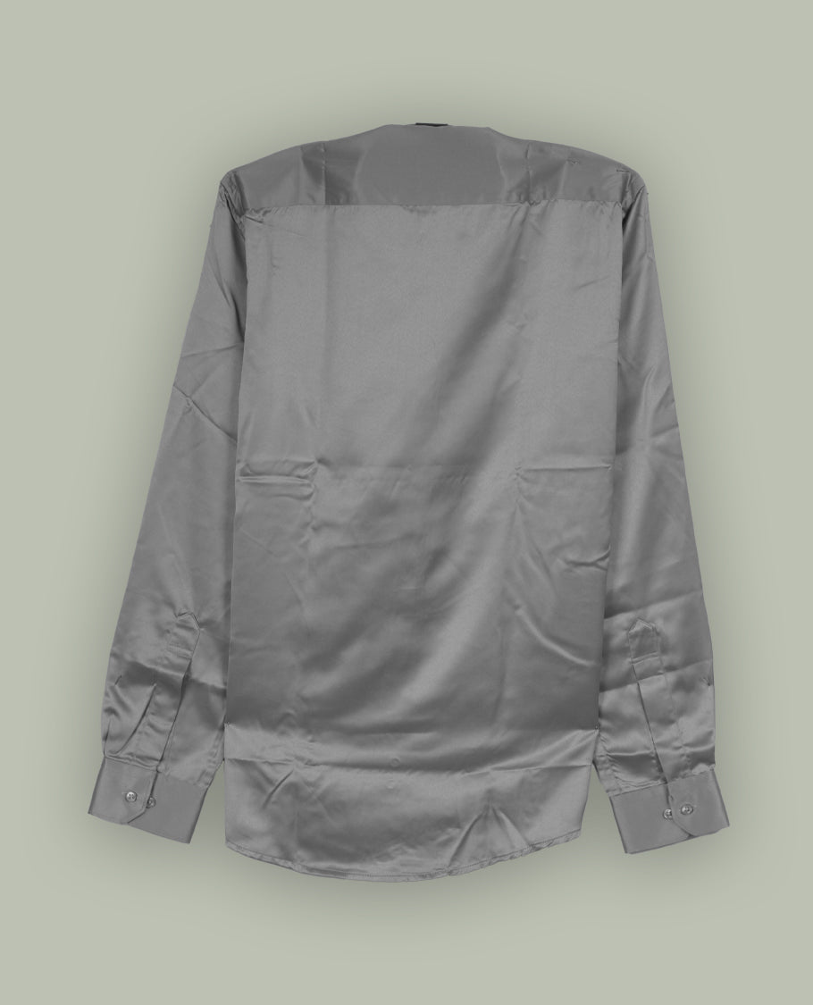 Pastel grey colour satin shirt with a smooth, lustrous finish, Features a classic collar, full sleeves with cuffs, and a front pocket & Perfect for evening wear or special occasions with a sleek, polished look.