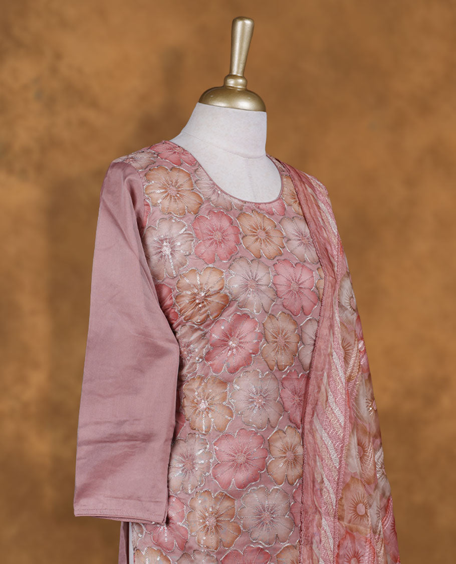 Dusty pink colour churidar set featuring U neckline, sleeves, and thread embroidery printed pattern on body , Paired with a matching dupatta