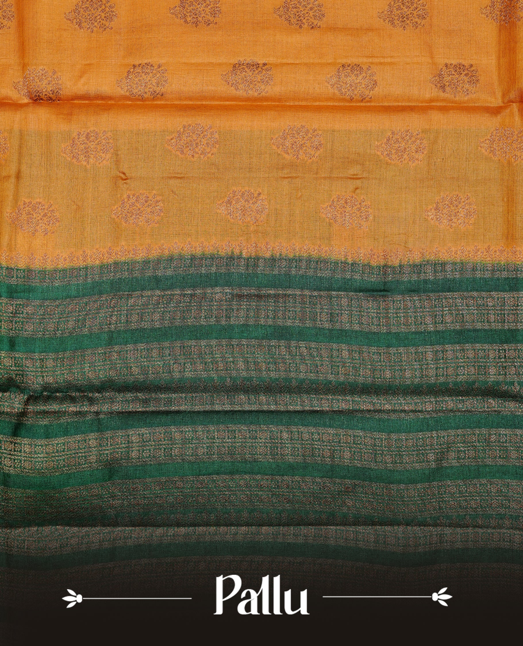 Mustard colour pure tussar banaras silk saree featuring gold zari motifs on body, highlighting contrast green colour with zari border, paired with matching blouse piece.