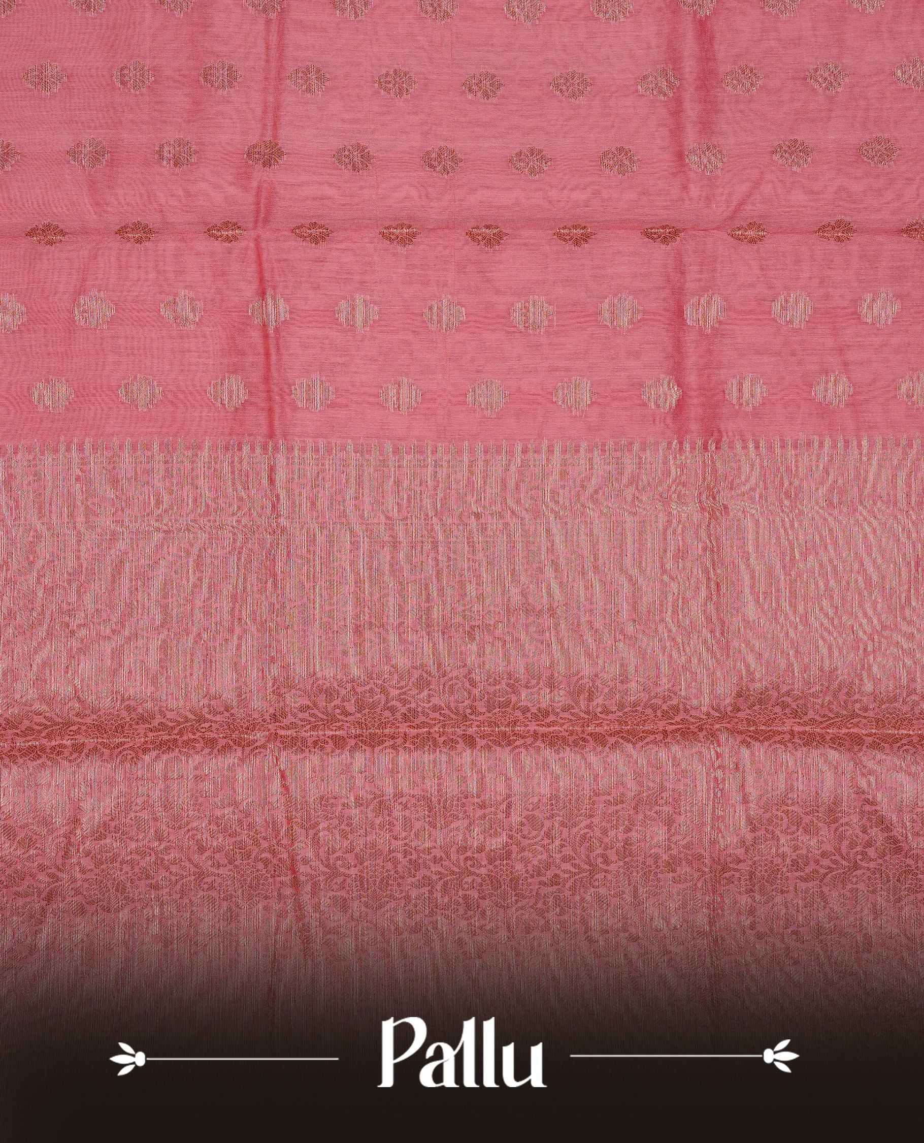 Candy pink colour semi tussar silk saree featuring elegant gold zari motifs across the body, designed with a subtle borderless zari finish for a sophisticated traditional look. Paired with a matching blouse piece.