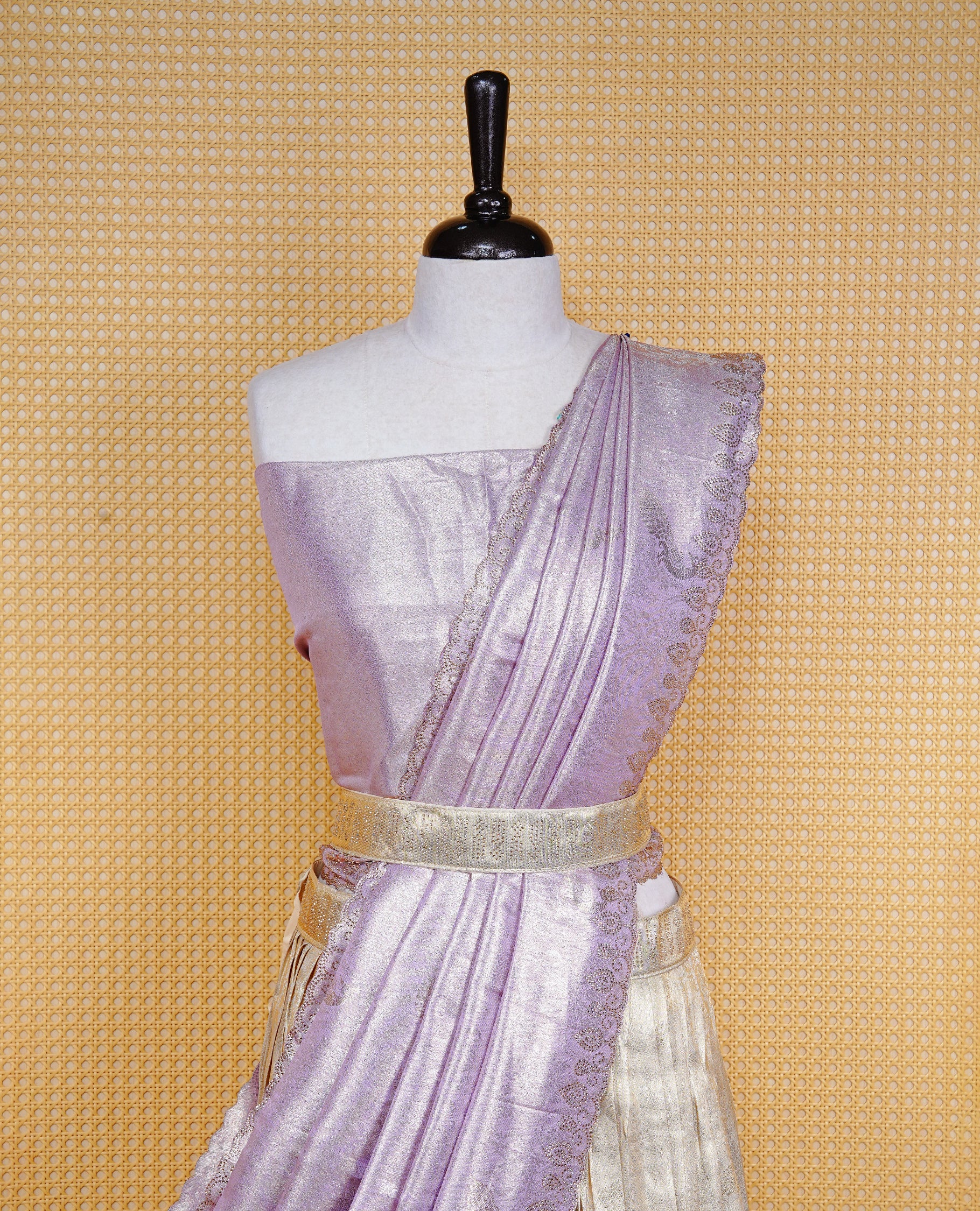 Light gold & Light Lavender Semi Stitched Dhavani Set Light Gold Skirt With Peacock Pattern With Stone Worked Border, Paired with Unstitched Blouse, Elegant Dupatta For Prefect look.