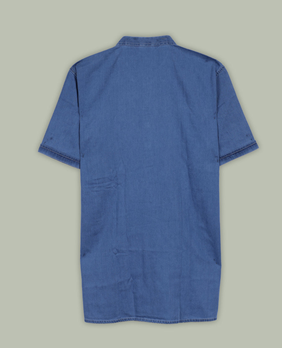 Blue colour short sleeve shirt with a clean solid design, featuring a band collar, chest pocket, and buttoned half placket, A versatile, minimal look that blends comfort and smart style for everyday wear.