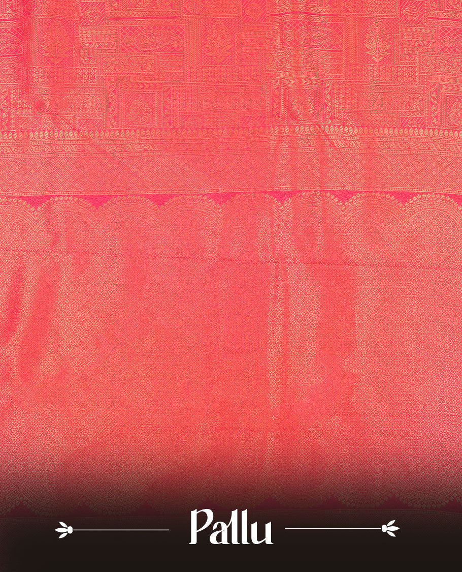 Rani Pink colour semi silk brocade saree featuring intricate Gold patterns across the body, complemented by a Self colour woven border and pallu, paired with a matching blouse.