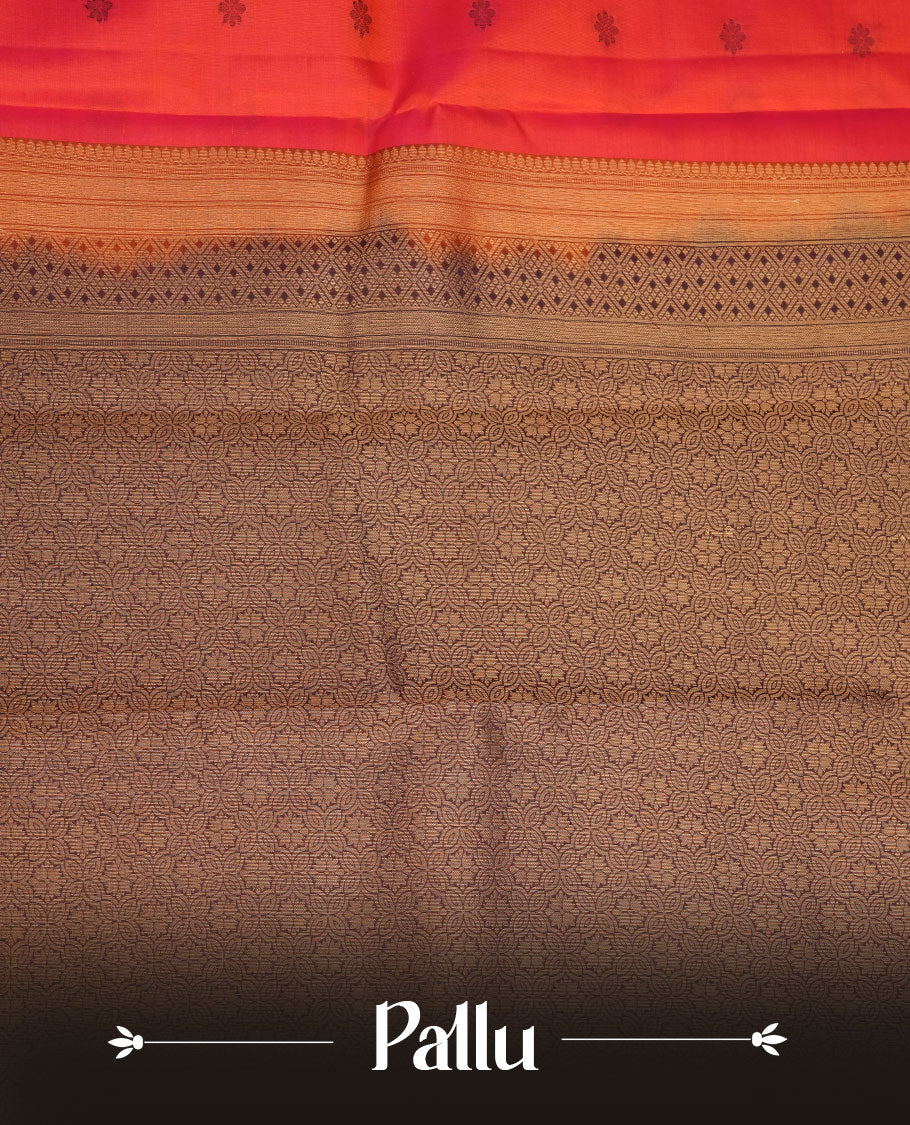 Burnt orange colour vasundhara silk sareee featuring zari buttas on body, complemented by contrast deep maroon colour with zari border, paired with matching blouse piece.