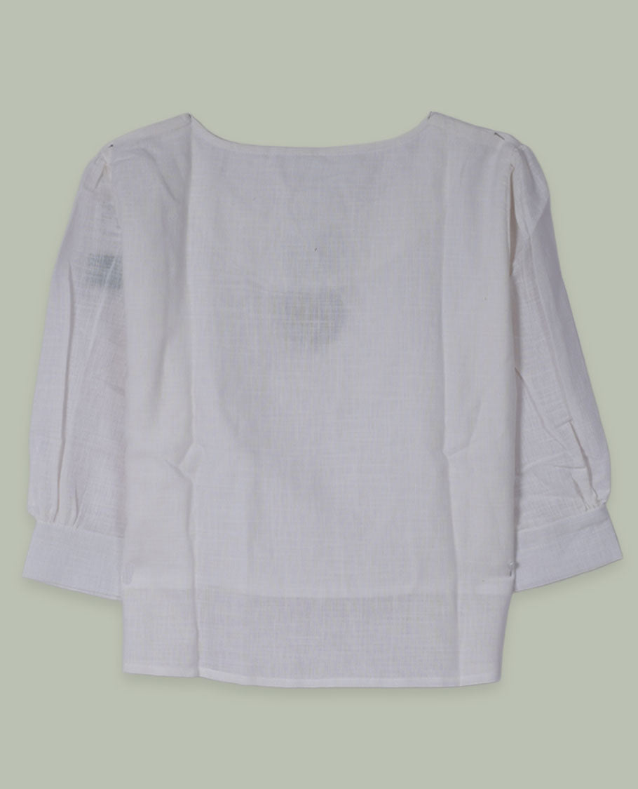 White three-quarter sleeve top with round neckline and tonal crochet floral appliqués placed at the center front and near the hem.