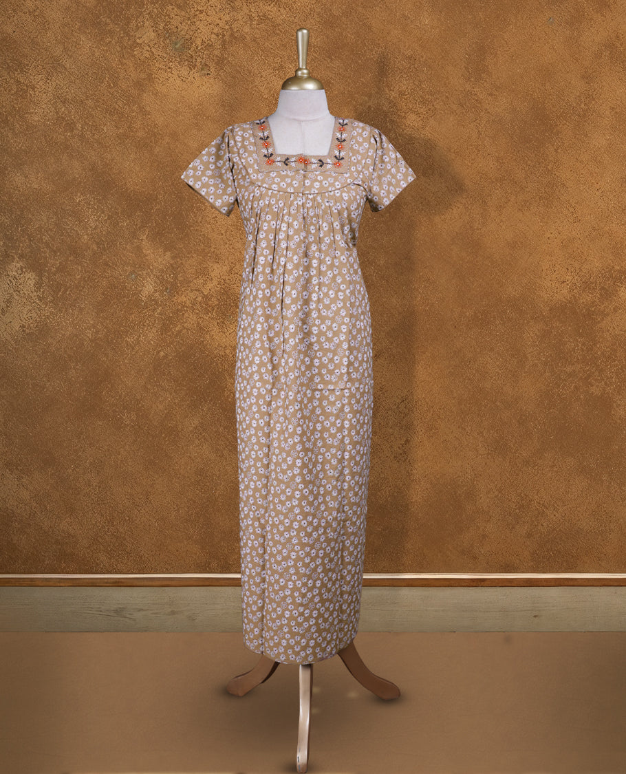 Mushroom colour NStyle nighty featuring White Leaf patterns, a Square neckline and thread pattern, short sleeves, and a full ankle-length design.