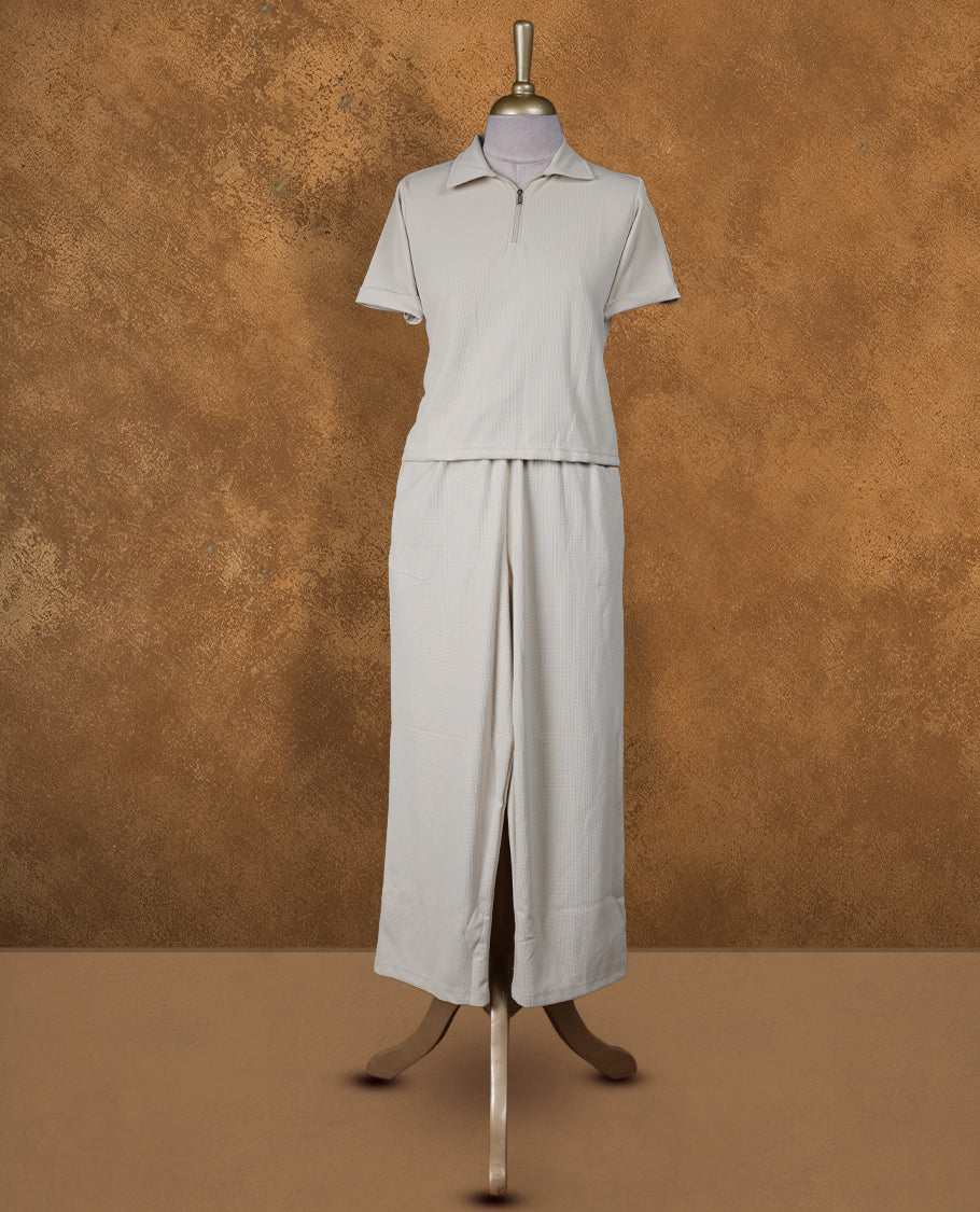 Cream colour coord set with collar neckline & zip details, short sleeve Tshirt design and matching pant