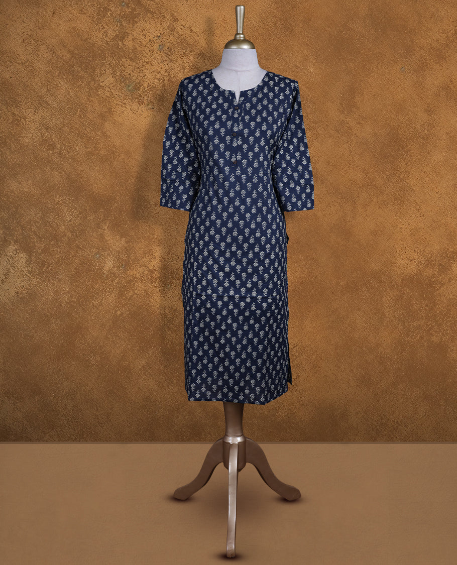 Dark blue colour kurti adorned with white floral prints, featuring a round neckline with button placket and comfy 3/4th sleeves.