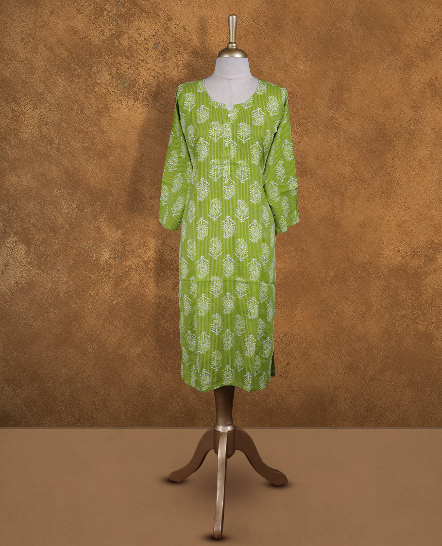 Green colour kurti adorned with white floral prints & dot stripes, featuring a round neckline with button placket and comfy 3/4th sleeves.