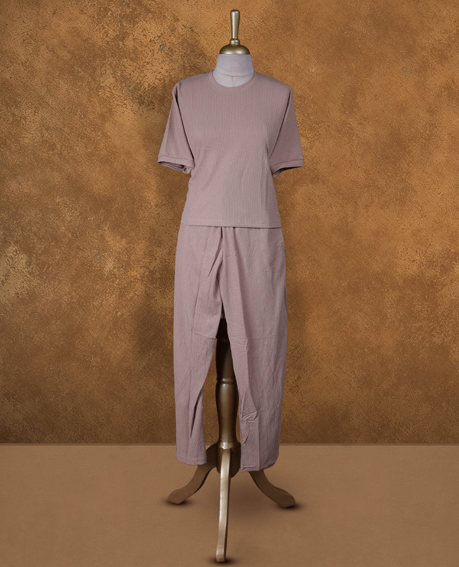 Pink bronze colour coord set with round neckline, short sleeve Tshirt design and matching pant