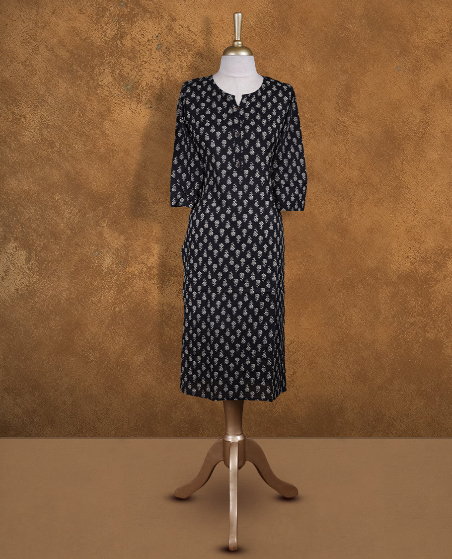 Black colour kurti adorned with cream floral prints, featuring a round neckline with button placket and comfy 3/4th sleeves.