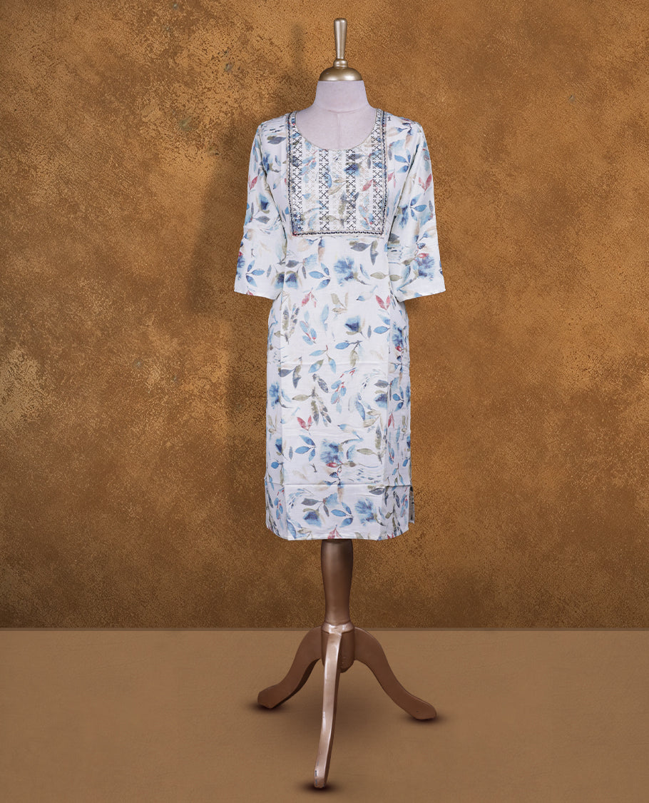 White colour kurti with styled with a thread pattern around neckline, print pattern across body, knee length design, and a sleeve .