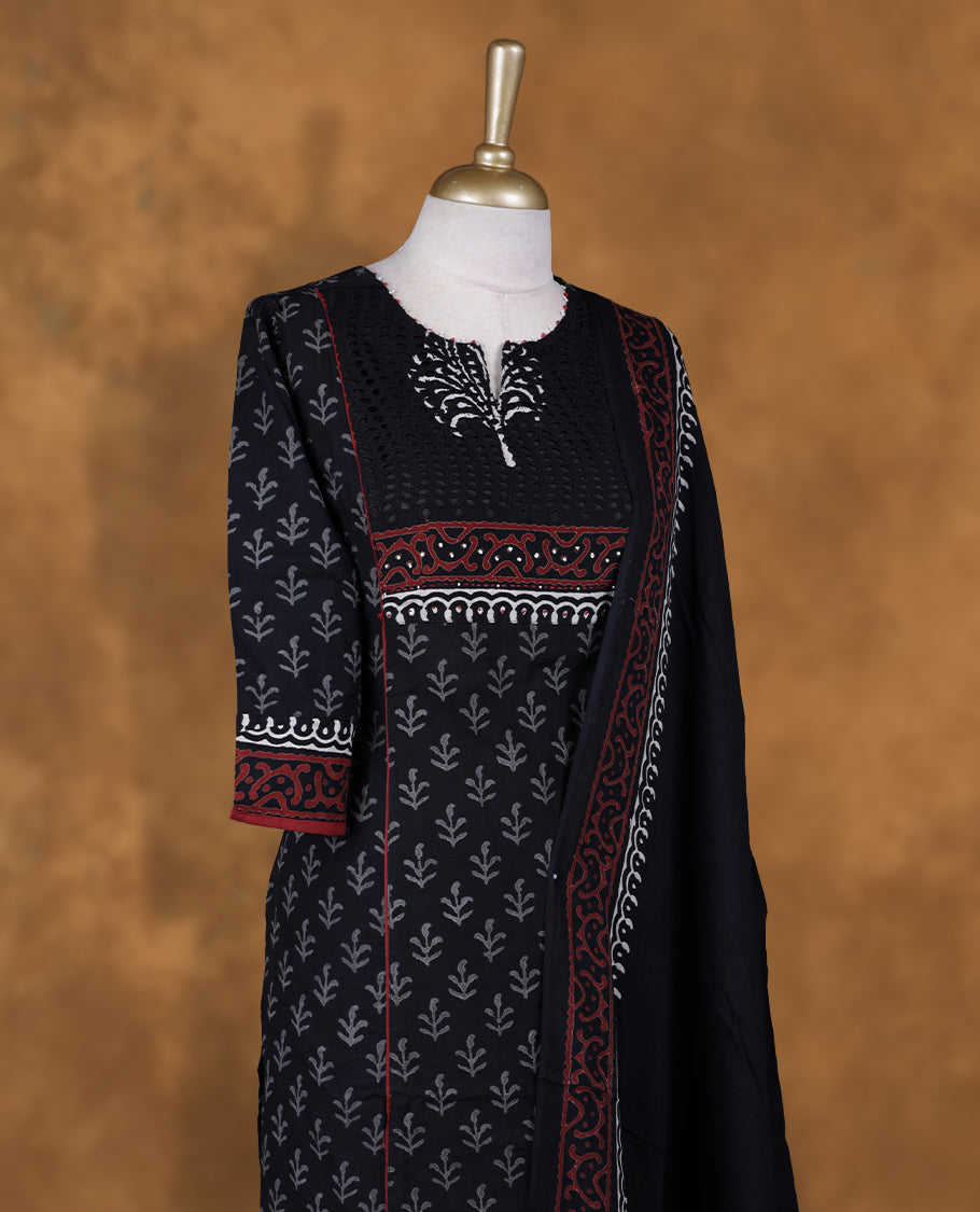 Brown & Black colour churidar set featuring thread and beats embroidered on neckline, sleeves, and floral printed pattern on body , Paired with a matching dupatta