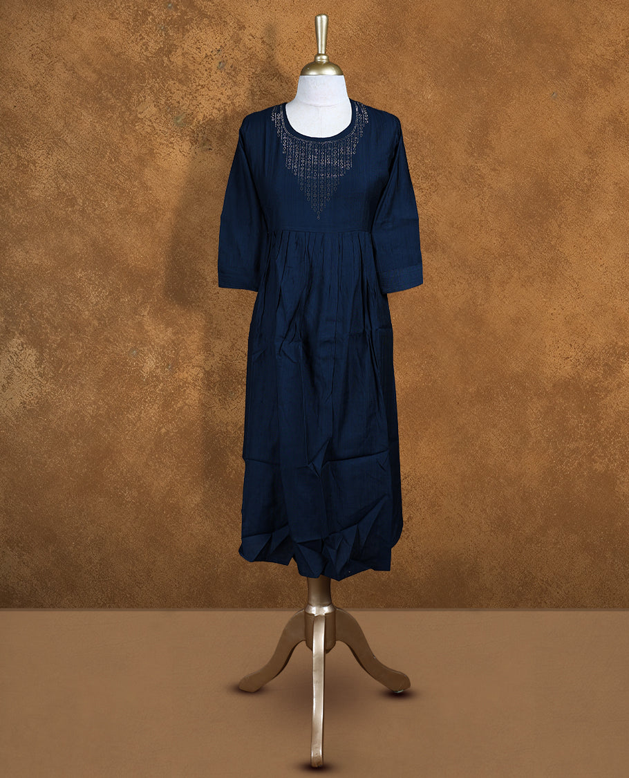 Dark blue colour Kurti featuring a round neckline with white stone detail, and sleeves.