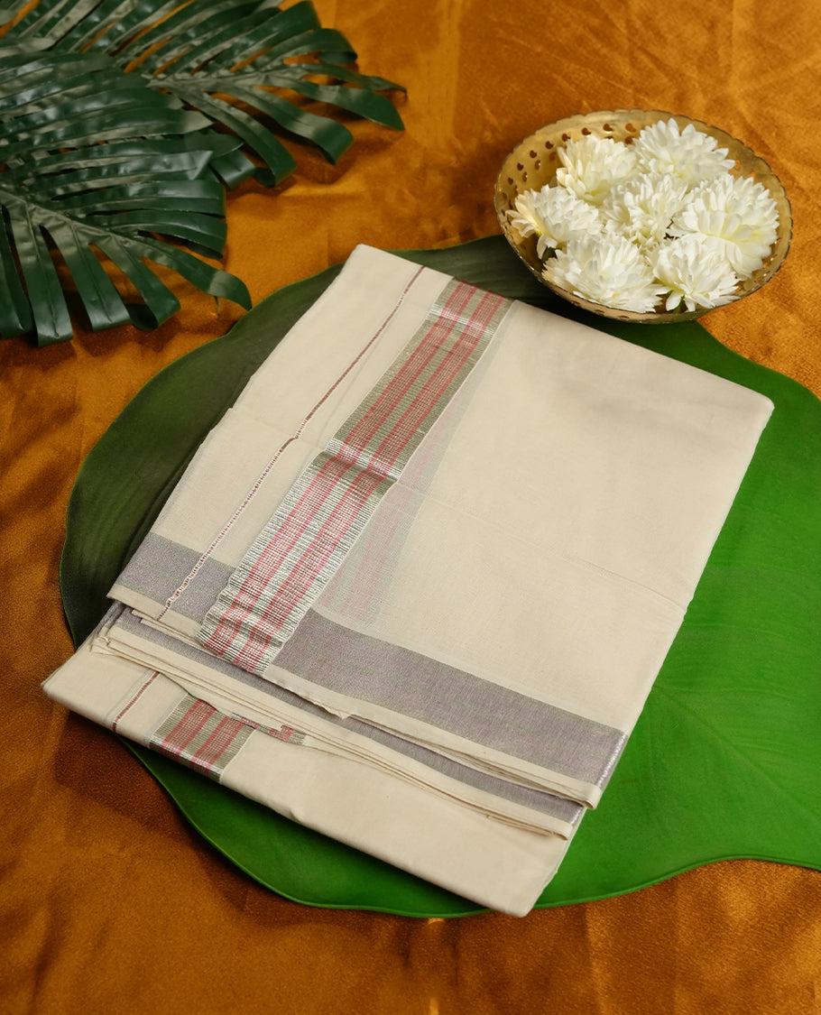 Cream Colour Pure Cotton double Dhoti with Pink and silver Colour Border for Men