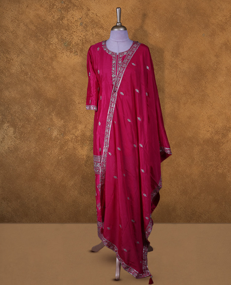 Rani pink colour sharara set featuring gold thread and beats embroidered neckline, sleeves, and thread embroidery on body , Paired with a matching dupatta