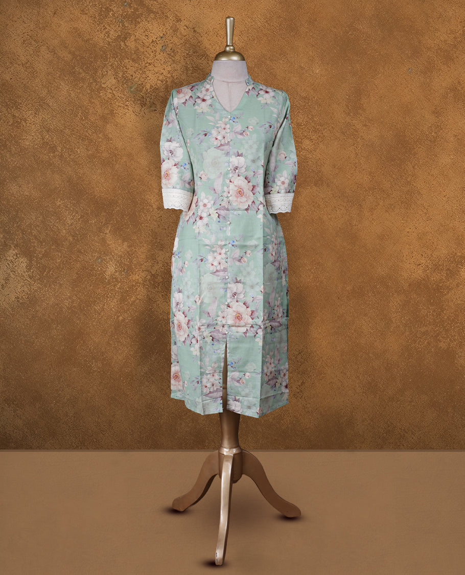 Light green colour kurti by Vismay styled with a collar V neckline, print pattern on body, knee length design, and a sleeve .