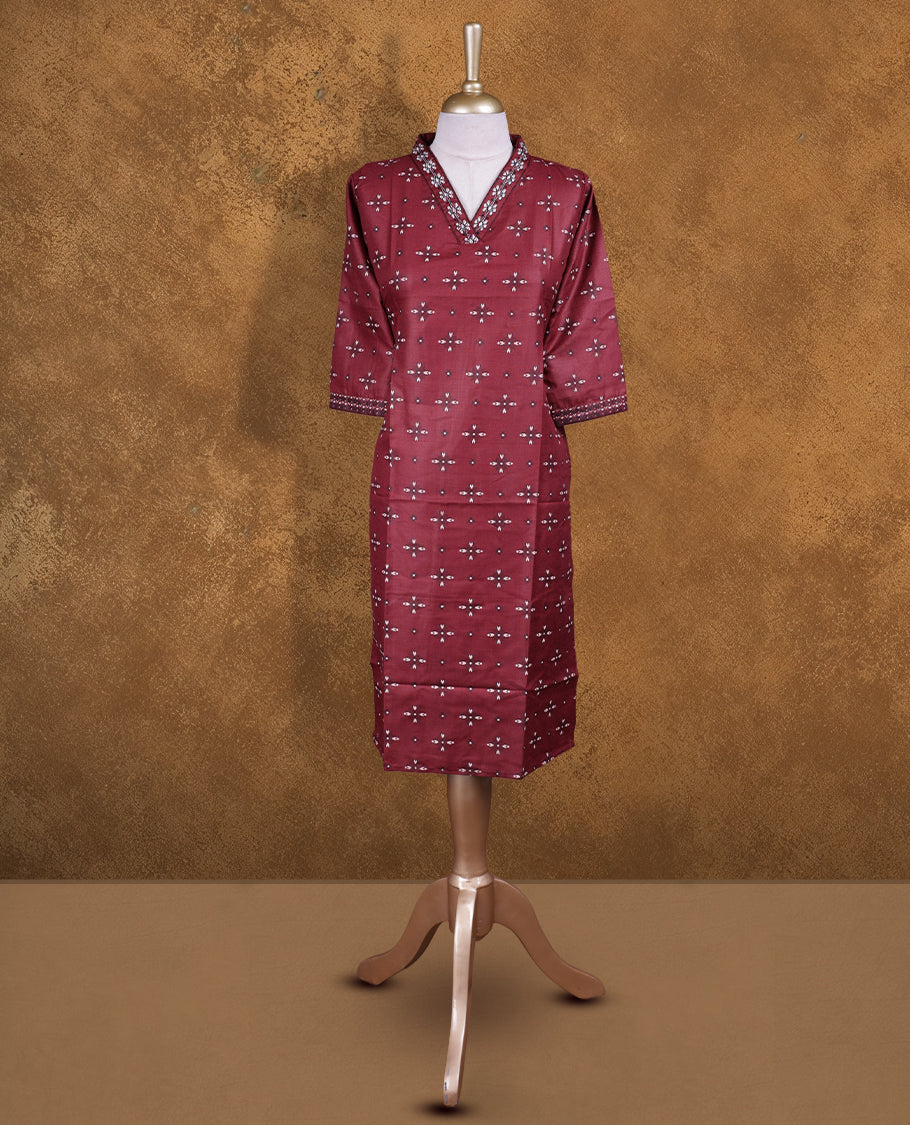 Chocolate Brown colour kurti with styled with a thread pattern around neckline, print on body knee length design, and a sleeve .