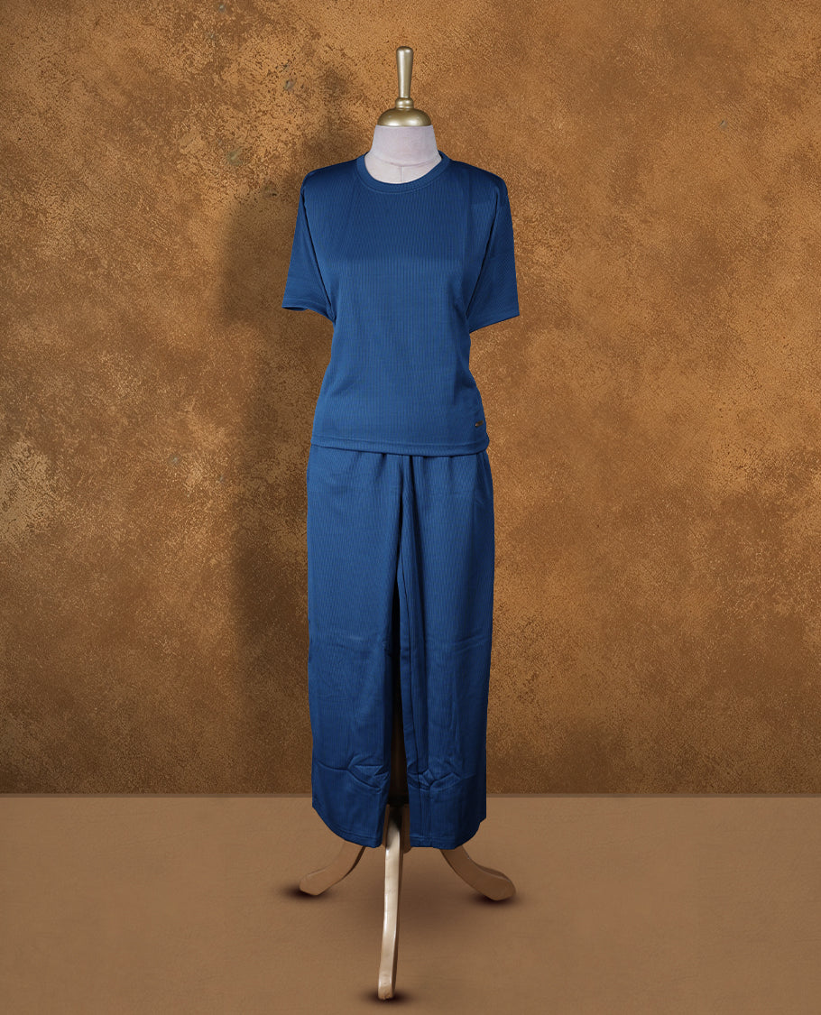 Dark blue colour coord set with styled with a round neckline & sleeve, with matching bottom .