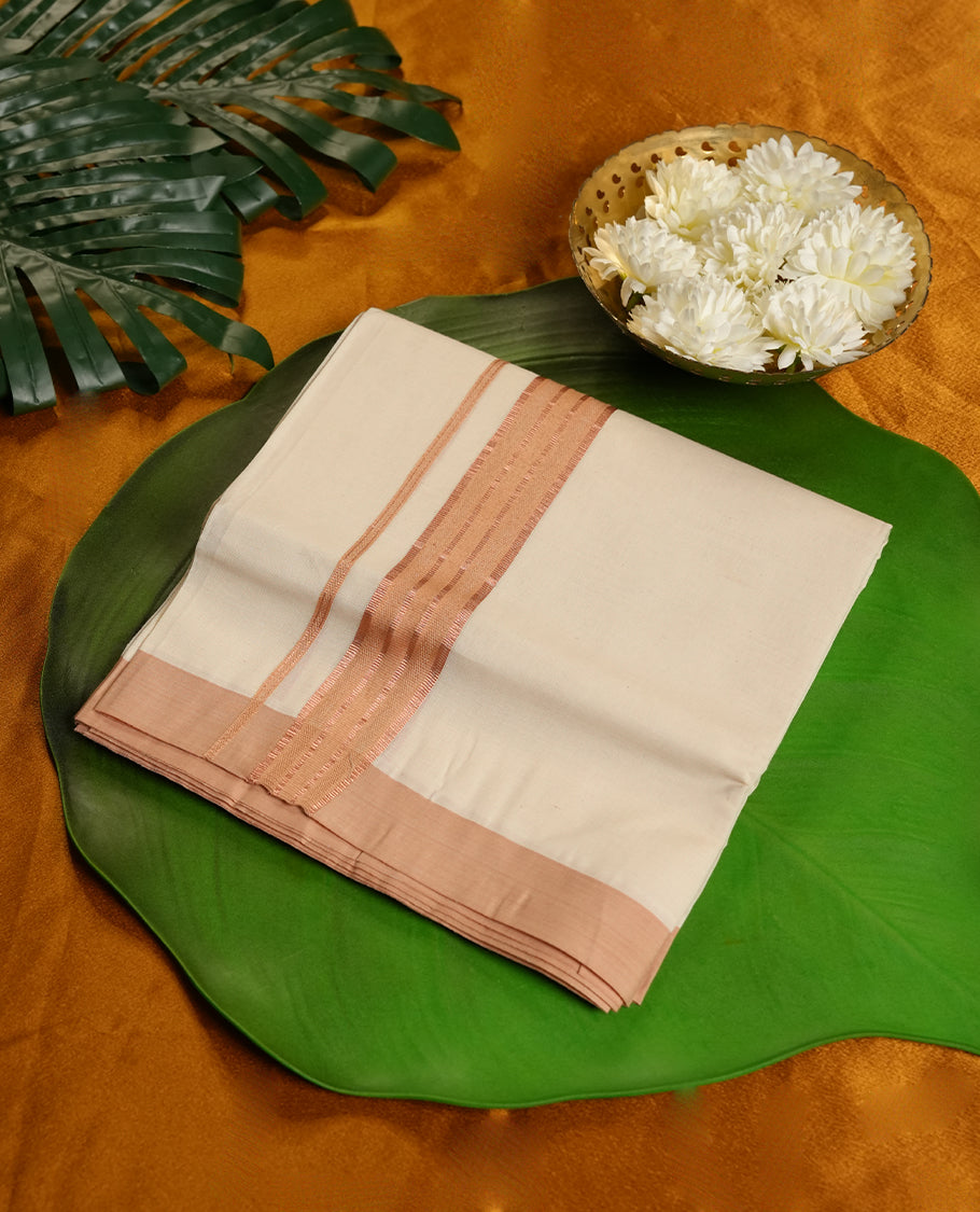 Cream Colour Pure Cotton double Dhoti with sandal and copper Colour Border for Men