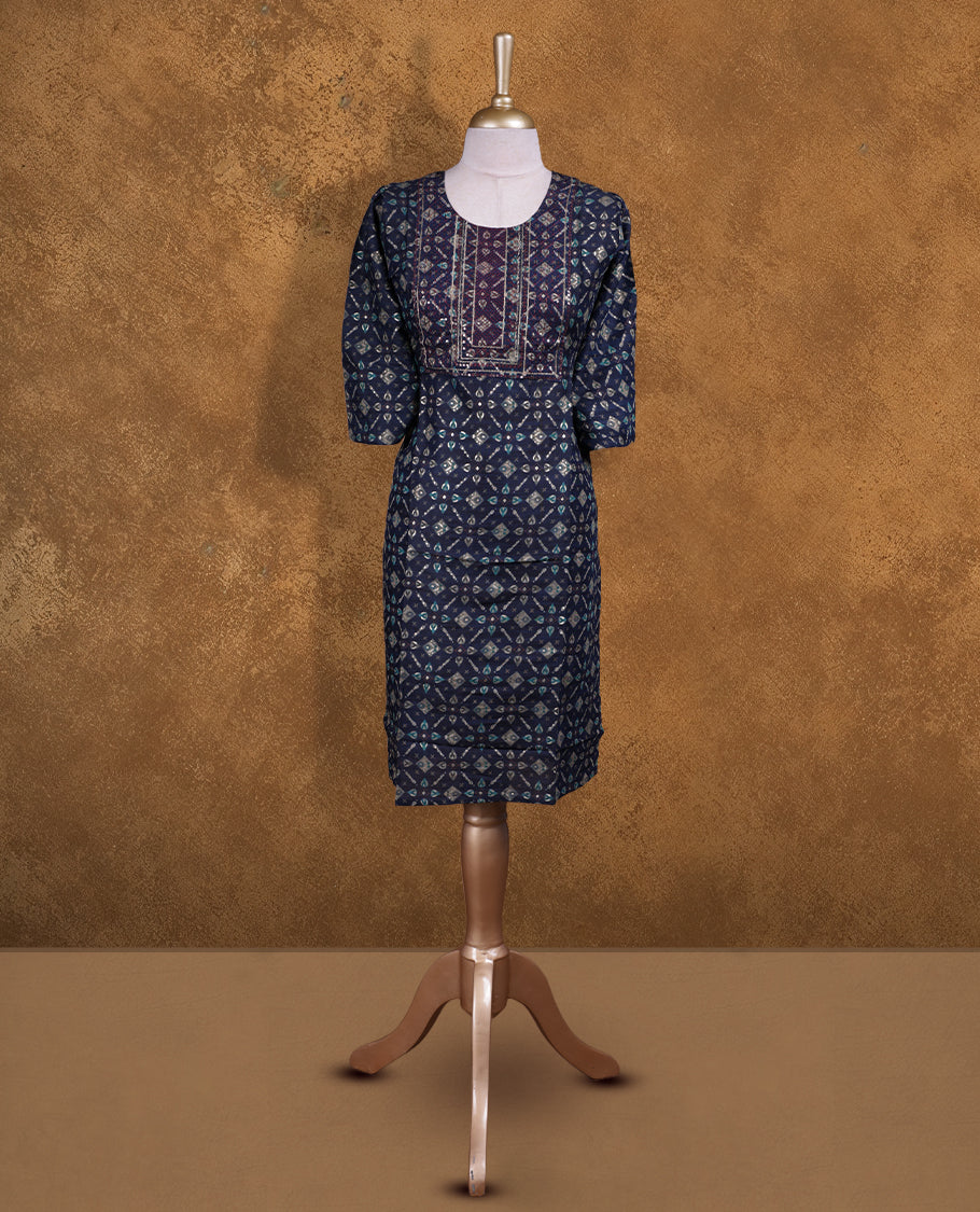 Dark blue colour kurti with styled with a thread pattern around neckline, print on body knee length design, and a sleeve .