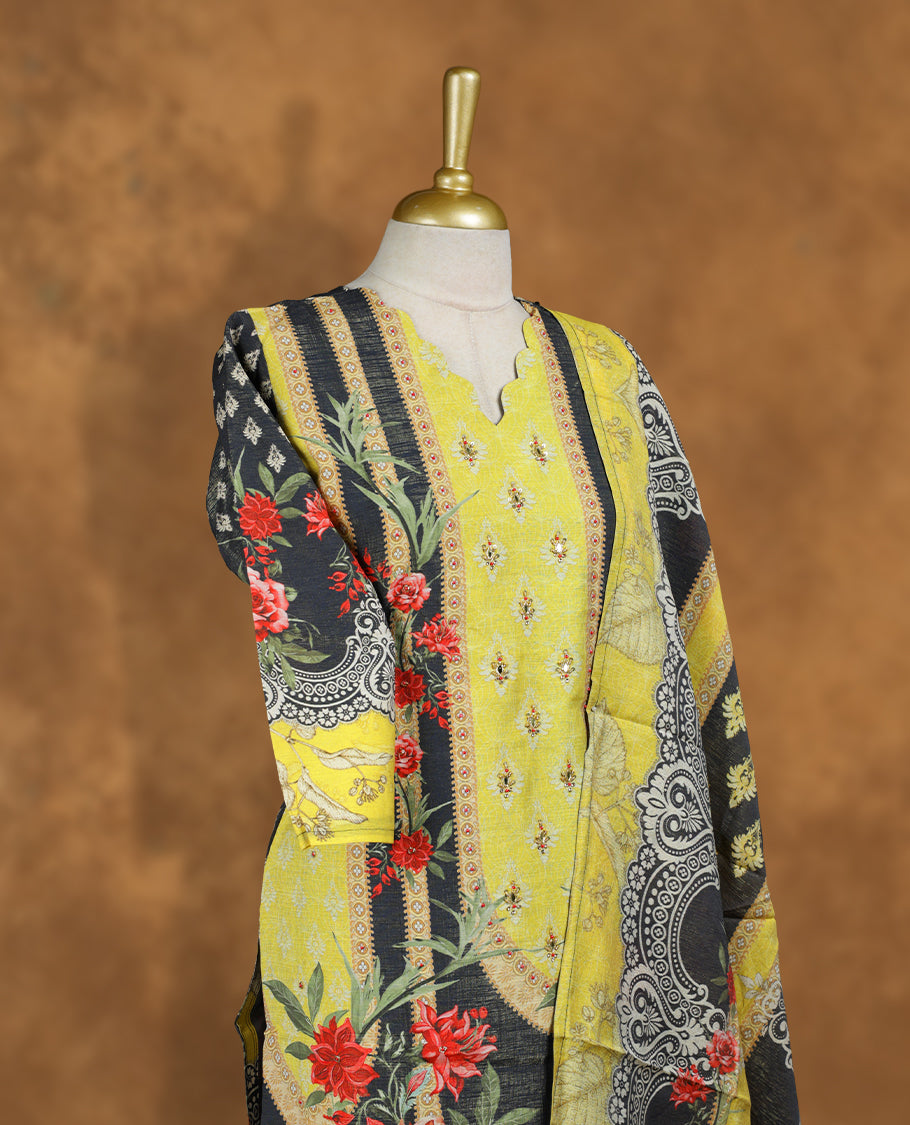 Black and Lemon colour churidar set featuring Beats embroidered neckline, sleeves, and Floral printed patternon body , Paired with a matching dupatta