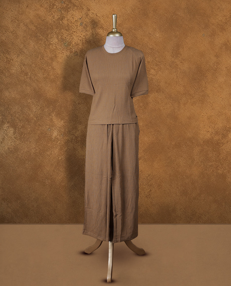 Bronze colour coord set styled with a T shirt design with short sleeve, pair a matching bottom pant .