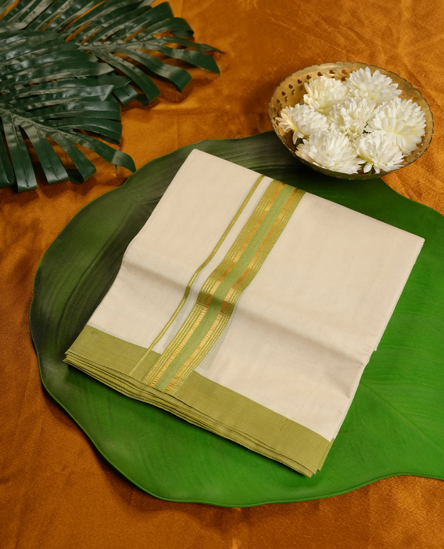Cream Colour Pure Cotton double Dhoti with Light Green and gold Colour Border for Men