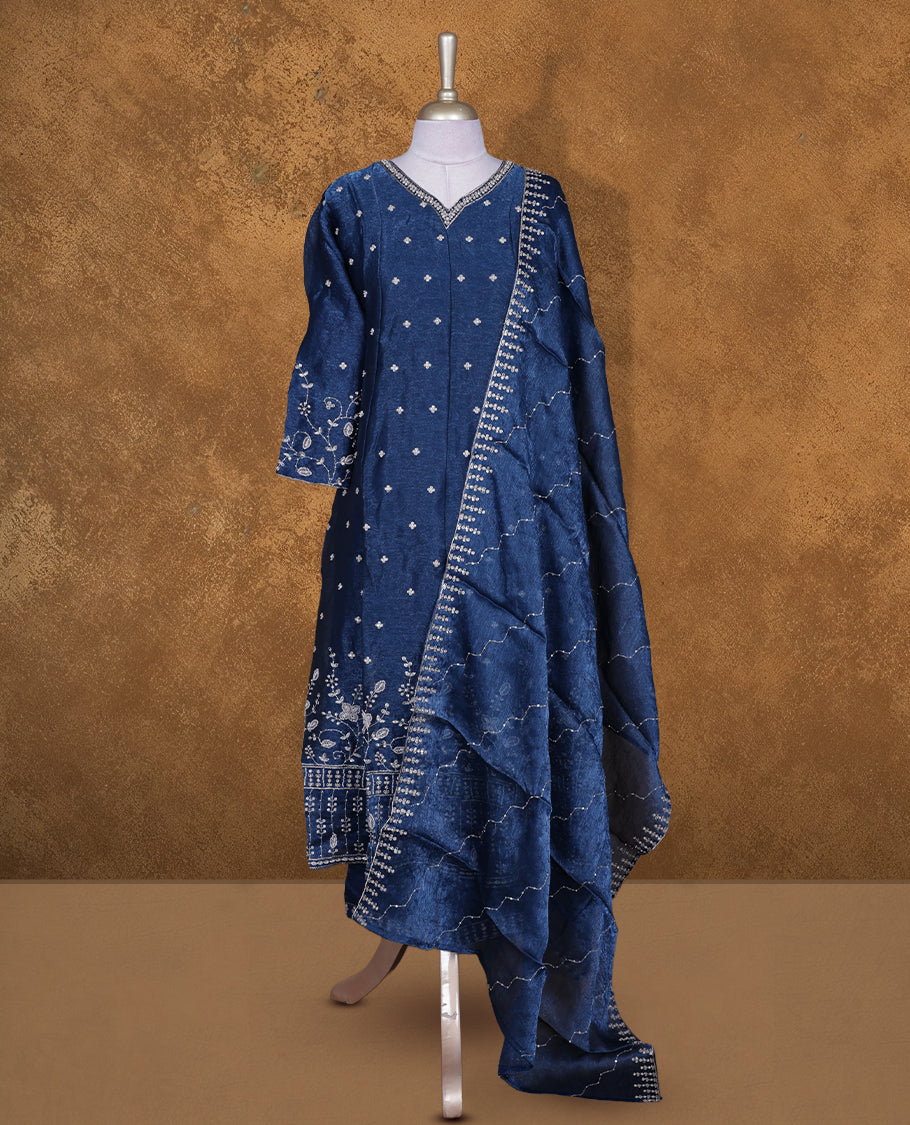 Blue colour churidar set featuring thread and embroidered and beats pattern neckline, sleeves, and thread embroidery on body , Paired with a matching dupatta