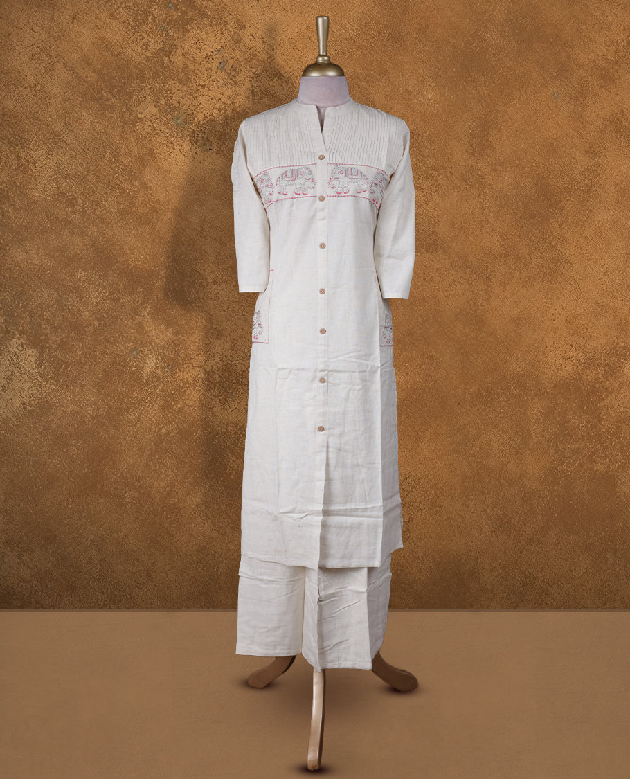 Cream colour coord set featuring elegant pink & silver thread embroidery work, mandarin collar, bottn details and sheer 3/4 sleeves, Paired with matching pants,