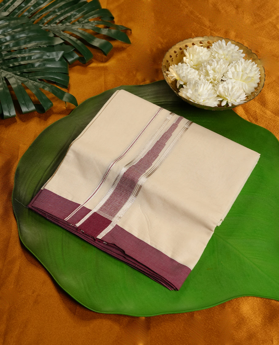 Cream Colour Pure Cotton double Dhoti with Dark red and silver Colour desgin Border for Men