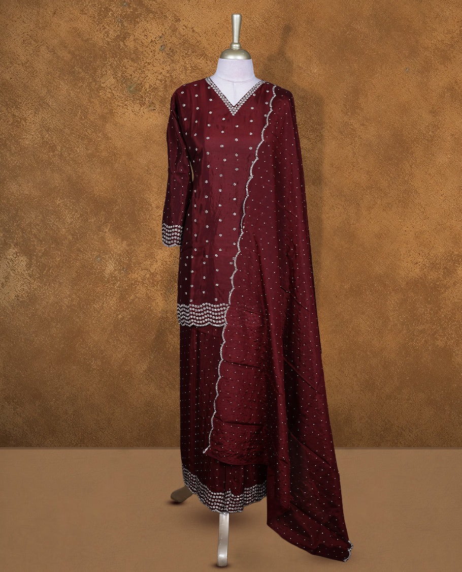 Brown colour sharara set featuring gold stone pattern neckline, sleeves, and stone pattern across on body , Paired with a matching dupatta