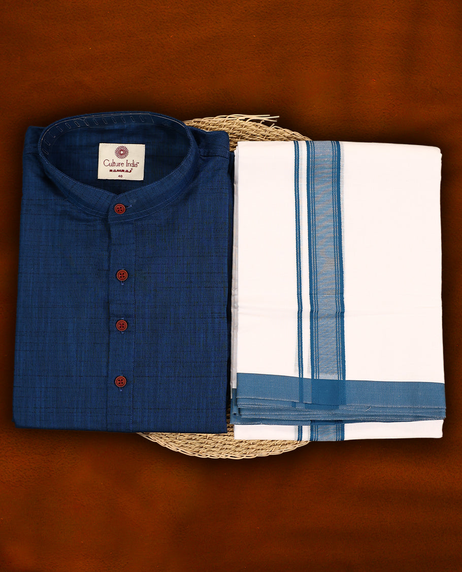 RAMRAJ Navy blue kurtha paired with a white dhoti, elegantly finished with a matching Navy blue border.