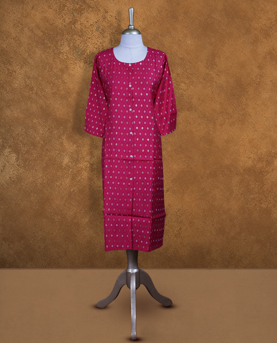 Rani pink colour kurti with styled with round neckline, print pattern across body, knee length design, and a sleeve .
