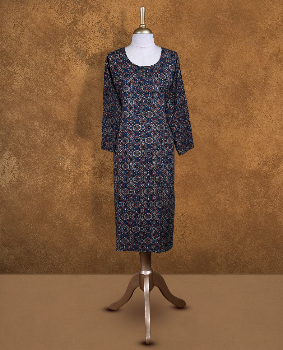 Ash blue colour kurti with styled with a printed pattern across body, knee length design, and a sleeve .