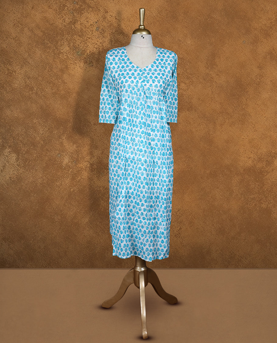 White colour Kurti featuring Blue floral print pattern across, round neckline with botton detail, and sleeves,