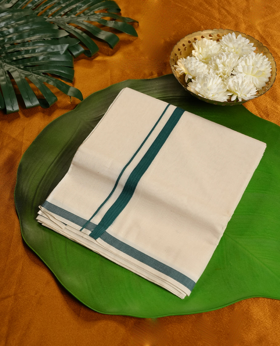 Cream Colour Pure Cotton double Dhoti with Green Colour simple Border for Men
