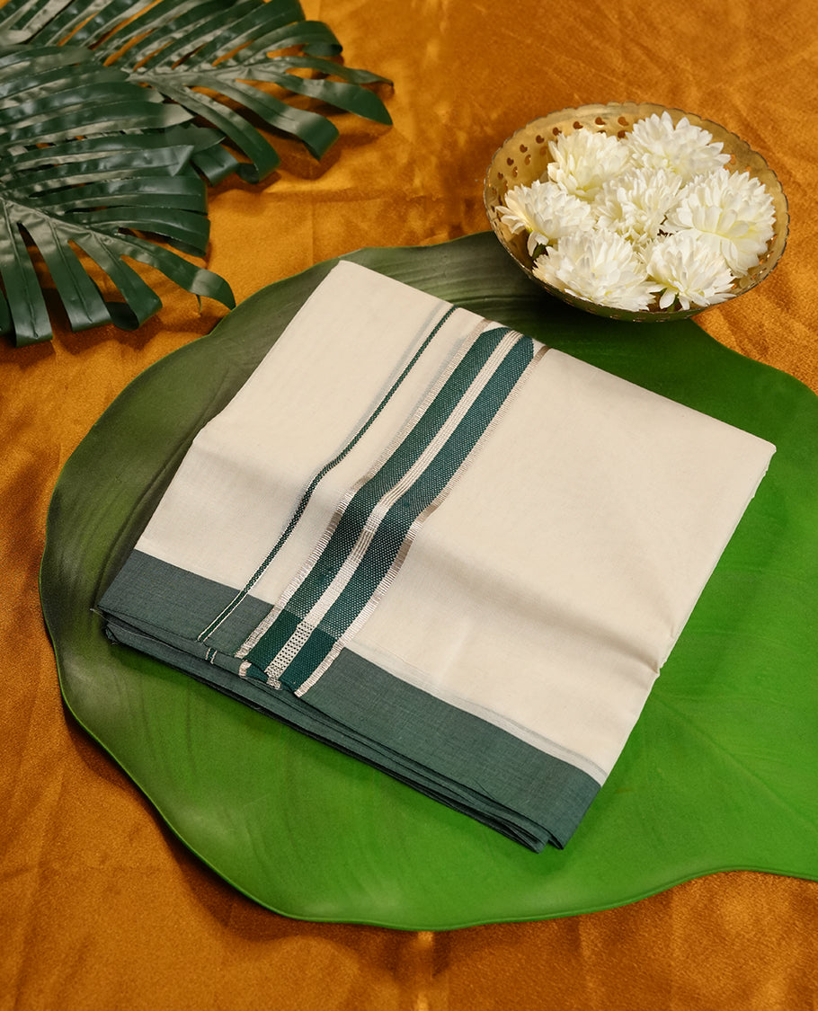 Cream Colour Pure Cotton double Dhoti with Green and silver Colour designer Border for Men
